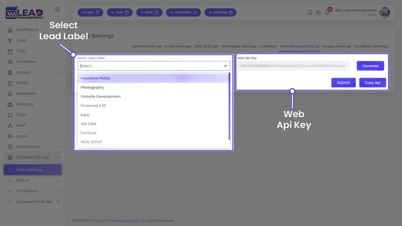 Select Lead Label Generate Api Key